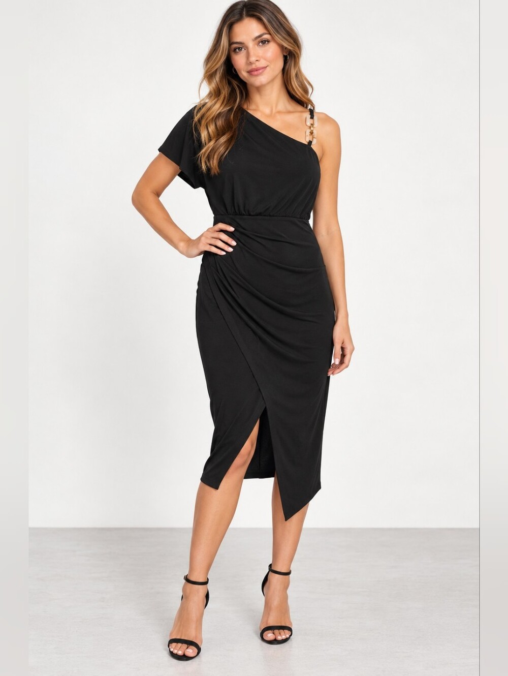 Siena Studio Black One-Shoulder Midi Dress with Chain Strap